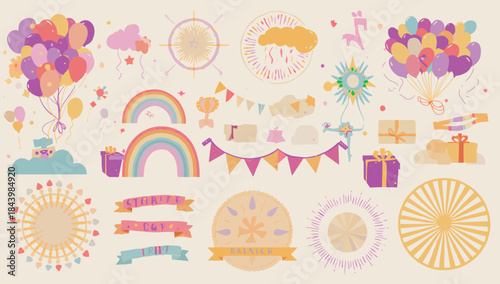 A vibrant and whimsical collection of celebration graphic elements, perfect for designing festive invitations, party decor, and joyful event-themed digital content