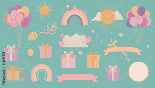 Whimsical Birthday Celebration Elements Featuring Balloons, Gifts, Rainbows, and Sun Illustrations
