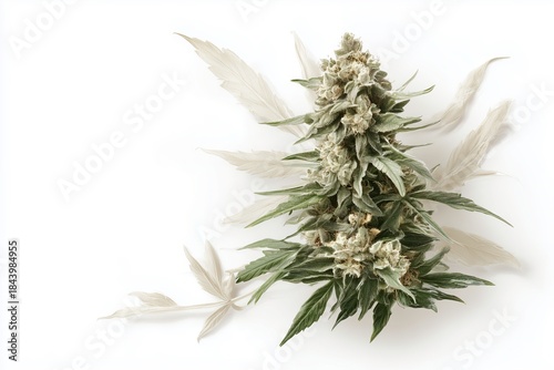 Cannabis plant closeup with leaves against white background  
