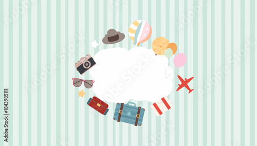 Charming illustration of essential travel items surrounding a blank cloud, perfect for vacation adventure planning and holiday journey dreams