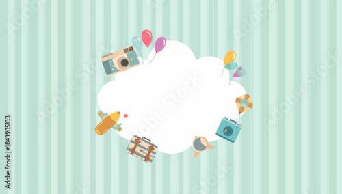 Charming illustration for summer vacation memories featuring travel essentials like cameras, luggage, and air transportation, perfect for holiday greetings or adventure planning