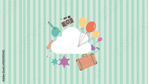 A whimsical cloud-shaped composition filled with travel and leisure items against a pastel striped background