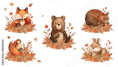 Charming set of cute woodland animals, including a fox, bear, squirrel, and bunny, playfully nestled in vibrant autumn leaves, ideal for fall season designs and delightful children's projects
