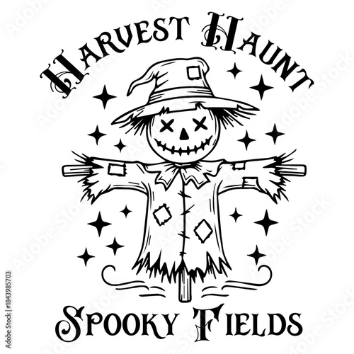 Harvest Haunt Spooky Fields black and white hand-drawn scarecrow illustration with witch hat and stars