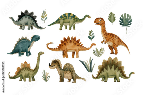 Watercolor Collection of Various Dinosaur Species and Foliage in a Whimsical Style