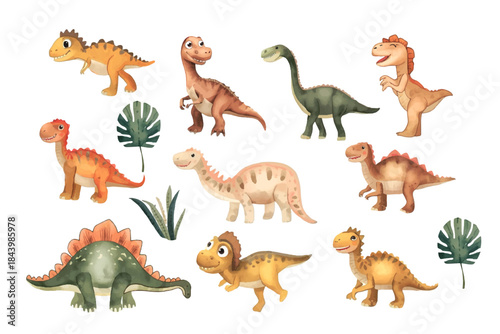 A vibrant collection of adorable cartoon dinosaurs illustrated in a playful watercolor style, perfect for children's designs, educational materials, and fun projects exploring prehistoric animal life