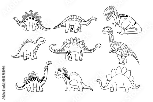 Engaging collection of hand-drawn dinosaur outlines, perfect for educational content, coloring activities, or graphic design projects showcasing prehistoric creatures