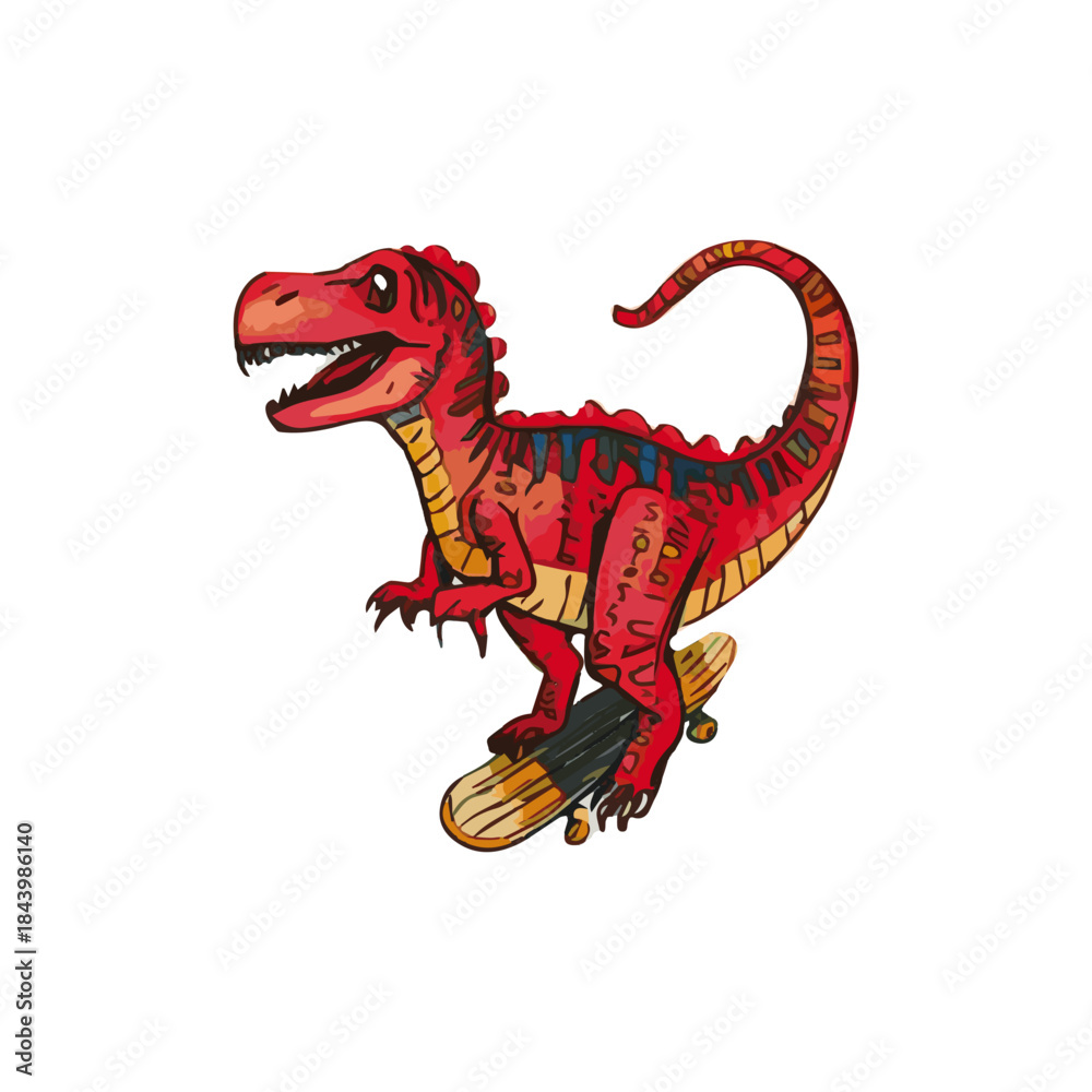 Naklejka premium A vibrant red dinosaur with striking blue accents skillfully rides a skateboard, showcasing a playful and energetic prehistoric scene
