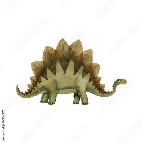 Watercolor illustration of a green Stegosaurus dinosaur with its signature bony plates along its back and tail, showcasing a prehistoric creature in a charming, artistic style