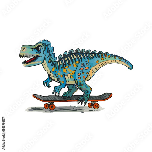 T-Rex Dinosaur Illustration Riding a Skateboard with a Cool Blue and Yellow Pattern
