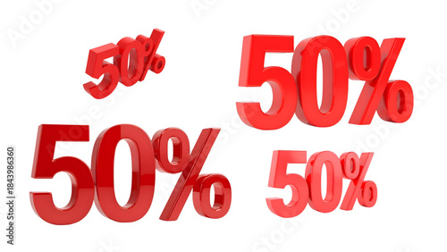 Illustration of a red 50 percent symbol in 3D rendering for discount sales promotion.