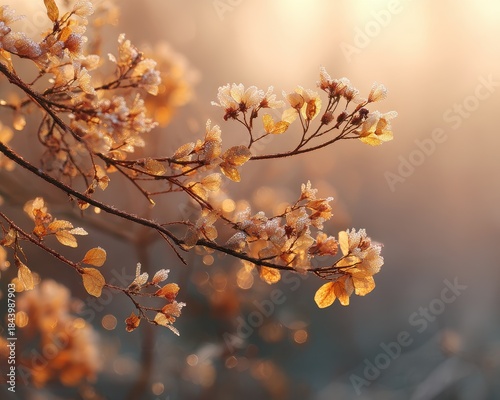 Frosty Blossoms on Branch in Soft Morning Light with Bokeh Effects