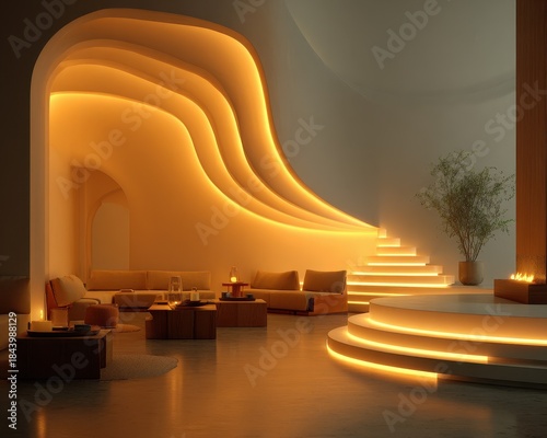 Modern Minimalist Living Room with Soft Ambient Lighting and Plants