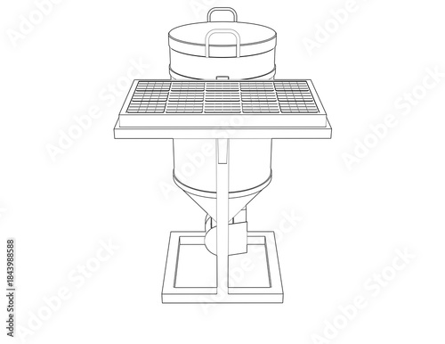 Technical Schema: Smart Solar-Powered Automatic Fish Feeder Outline Vector Drawing of Centrifugal Spreader Equipment for Modern Aquaculture and Sustainable Fish Farming Technology Diagram