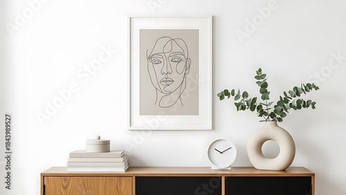 Modern minimalist living room interior with framed abstract line art poster on the wall.