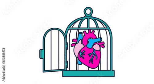a stylized human heart in an open birdcage symbolizing emotional freedom trapped love and mental health release on a white background.