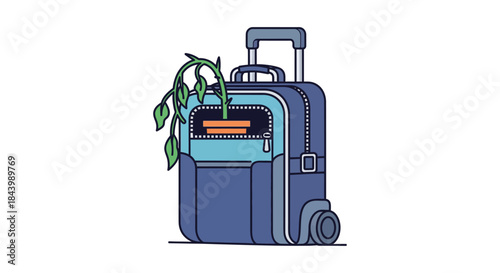 a wilting plant in a pot packed in a blue travel suitcase depicting displacement migration and the emotional journey of relocation