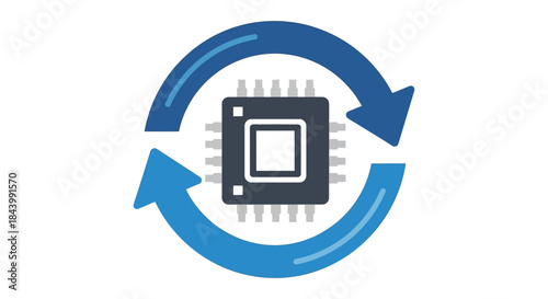 blue update refresh icon featuring a microchip symbolizing continuous processing technological upgrades and hardware optimization.