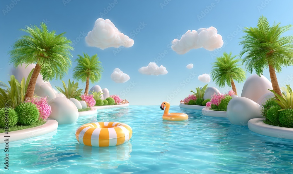 Fototapeta premium Playful 3D Clay Rendered Pool Scene with Floaties and Sunshine Atmosphere