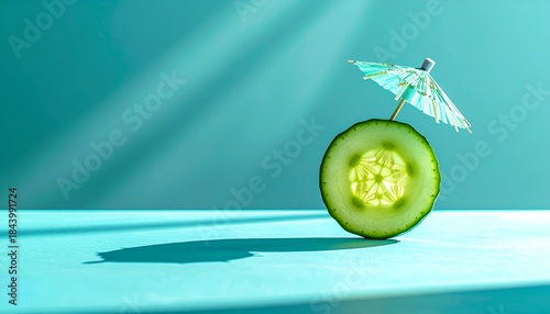 Cucumber slice with cocktail umbrella on blue background.