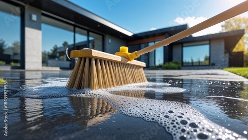 Cleaning a modern house patio with a broom and soapy water on a sunny day