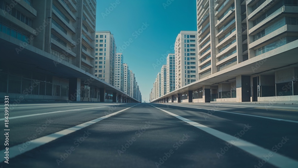Fototapeta premium Symmetrical modern apartment buildings line an empty road under a clear blue sky