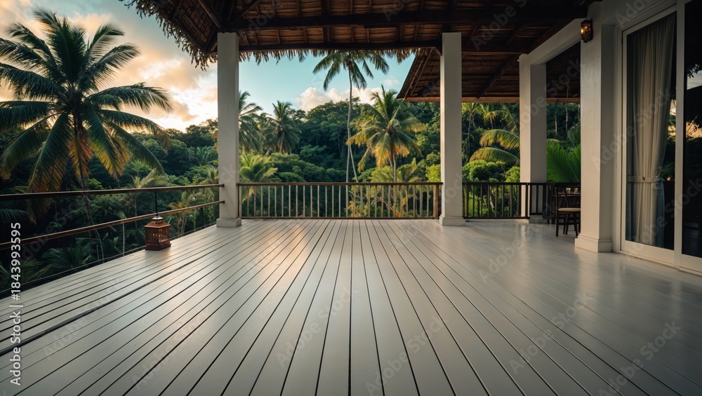 Fototapeta premium Luxury tropical villa balcony overlooking lush jungle and palm trees at sunset