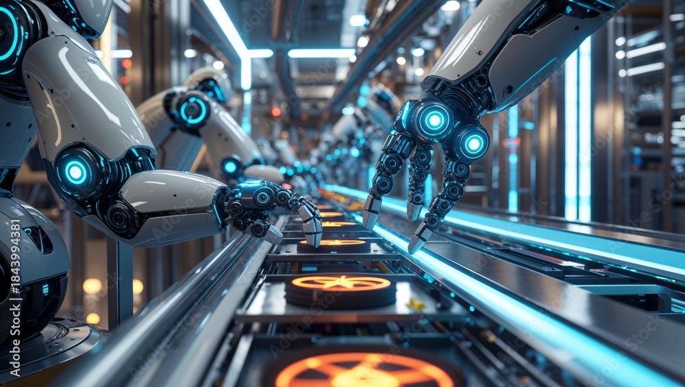 Obraz premium Robotic arms working on an automated assembly line in a futuristic factory setting