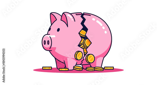 broken pink piggy bank spilling gold coins symbolizing financial crisis economic hardship and the rapid depletion of personal savings.