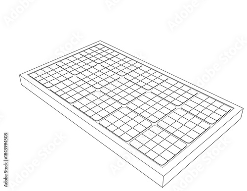 Detailed Outline Vector Blueprint Illustration of Solar Panel Module: Black and White Wireframe Technical Drawing for Sustainable Energy Generation and Green Renewable Power System Diagrams.