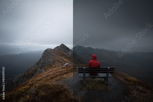 Observer sits on bench overlooking mountains with dark clouds above during a cloudy day