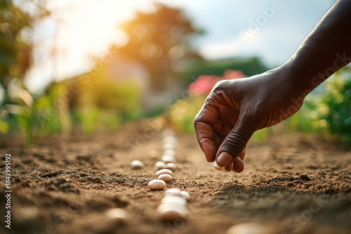 Person plants seeds in garden soil during sunset near blooming flowers and greenery in outdoor space