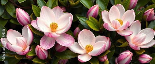 Elegant magnolia blossom pattern, showcasing delicate petals and lush greenery, leaves, beauty