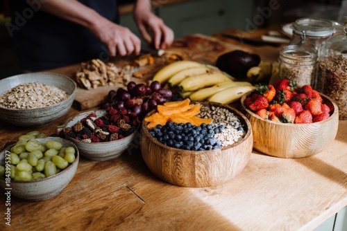 Preparation of fresh fruits and oats on wooden table in kitchen setting during daylight hours