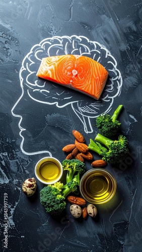 Brain-shaped food layout with salmon, broccoli, nuts, and eggs