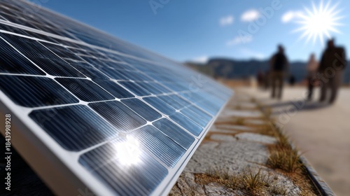 Sustainable Energy Future - Solar Panels in Desert Solar Farm under Harsh Daylight with Workers in Distance, Wide Shot with Shallow Depth of Field on White Background
