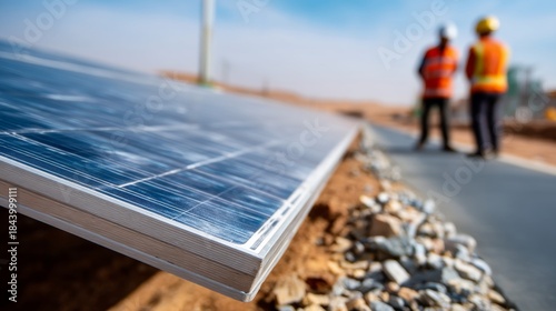 Sustainable Energy Harvesting: Desert Solar Farm Workers Under Bright Sun