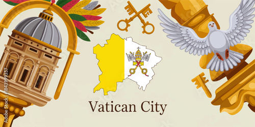 Vatican City vector illustration with map, flag, papal keys, basilica dome and holy dove, Catholic religious travel background
