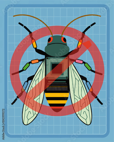 Cyber insect bug with microchip body on blue grid background and red prohibition sign symbolizing no malware and antivirus protection