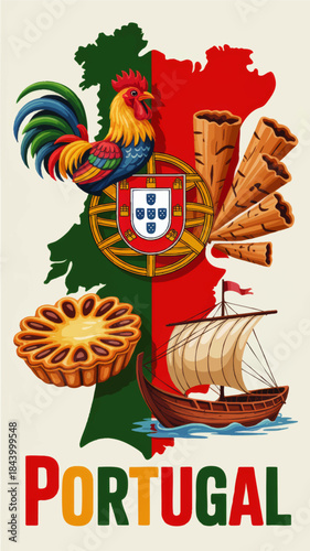 Colorful Portugal travel illustration with national symbols, rooster of Barcelos, map flag, pastel de nata, sailing ship and cinnamon