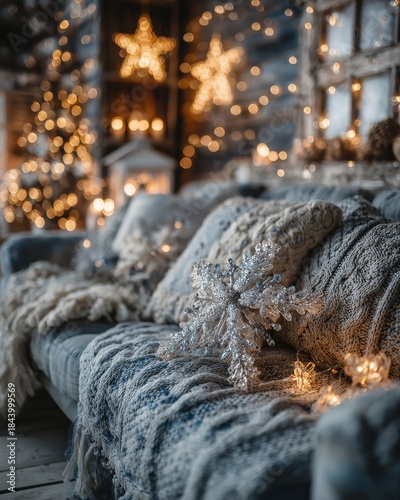Cozy Christmas Living Room with Decorative Lights and Snowflake