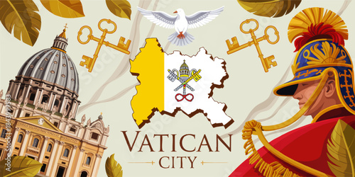 Vatican City illustration with St Peter’s Basilica dome, papal coat of arms, Swiss Guard soldier, golden keys and white dove