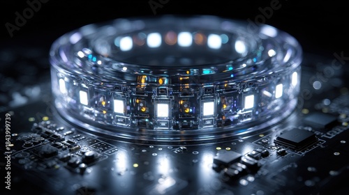 Futuristic Transparent Ring with LED Lights on Dark Circuit Board