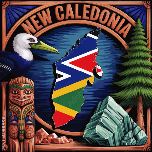 Colorful New Caledonia island illustration with flag map, tropical bird, tiki totem, pine trees and gemstones on vintage travel poster