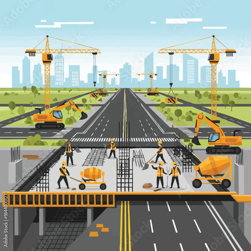 road construction site with cranes and workers.