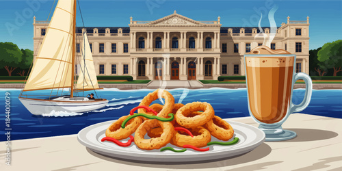 Elegant waterfront cafe scene with steaming coffee, fried calamari plate, sailing boat and historic palace in sunny summer illustration