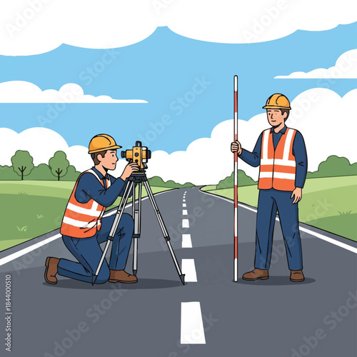 Surveyors at Work on Road Construction Site.