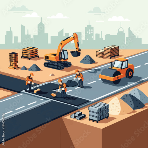 road construction site with workers and machinery.
