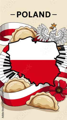 Poland travel poster with national flag map, white eagle, pierogi dumplings, piano keys and red flower, Polish culture illustration