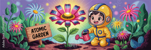 Cute astronaut kid watering atomic garden with glowing solar panel flower, colorful futuristic space botanical illustration
